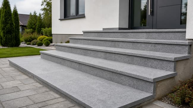 Schody z granitu na betonie po renowacji i montażu stopnic granitowych